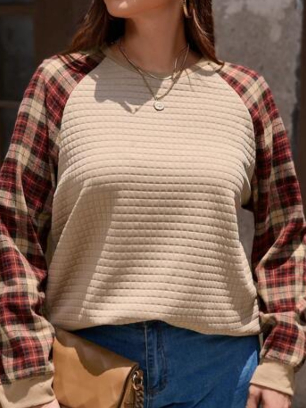 Plaid Raglan Sleeve Quilted Beige Women's Top